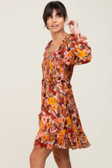 Rust Floral Chiffon Ruffle Dress