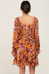 Rust Floral Chiffon Ruffle Dress