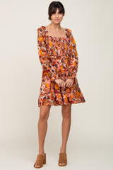 Rust Floral Chiffon Ruffle Dress