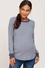 Navy Ribbed Striped Long Sleeve Maternity Top