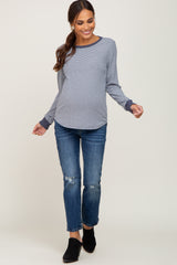 Navy Ribbed Striped Long Sleeve Maternity Top