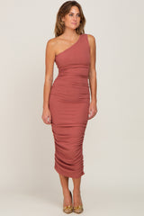 Rust Ribbed One Shoulder Ruched Maternity Midi Dress