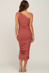 Rust Ribbed One Shoulder Ruched Midi Dress