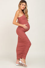 Rust Ribbed One Shoulder Ruched Maternity Midi Dress