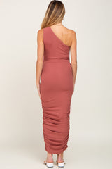 Rust Ribbed One Shoulder Ruched Maternity Midi Dress