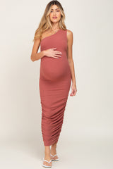 Rust Ribbed One Shoulder Ruched Maternity Midi Dress