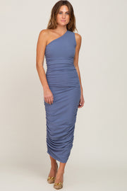 Blue Ribbed One Shoulder Ruched Midi Dress