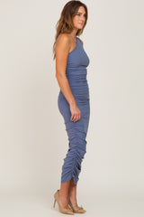 Blue Ribbed One Shoulder Ruched Midi Dress