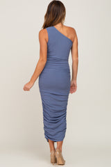 Blue Ribbed One Shoulder Ruched Midi Dress