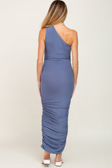 Blue Ribbed One Shoulder Ruched Maternity Midi Dress