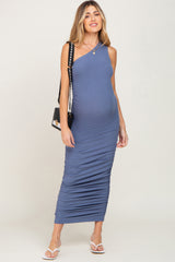 Blue Ribbed One Shoulder Ruched Maternity Midi Dress