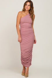 Mauve Ribbed One Shoulder Ruched Midi Dress