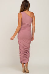 Mauve Ribbed One Shoulder Ruched Midi Dress