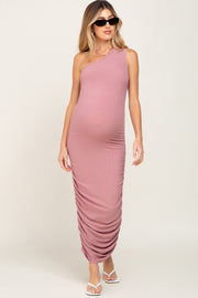 Mauve Ribbed One Shoulder Ruched Maternity Midi Dress