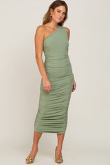 Sage Ribbed One Shoulder Ruched Maternity Midi Dress