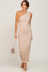 Taupe Ribbed One Shoulder Ruched Maternity Midi Dress