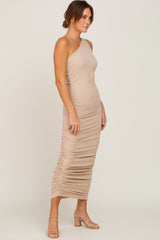 Taupe Ribbed One Shoulder Ruched Midi Dress