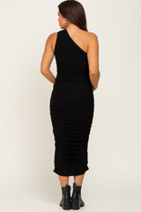 Black Ribbed One Shoulder Ruched Maternity Midi Dress