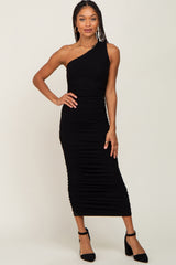 Black Ribbed One Shoulder Ruched Maternity Midi Dress