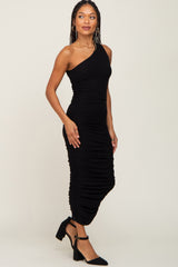 Black Ribbed One Shoulder Ruched Midi Dress