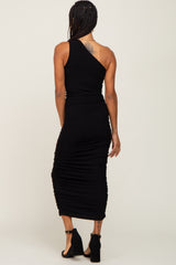 Black Ribbed One Shoulder Ruched Midi Dress