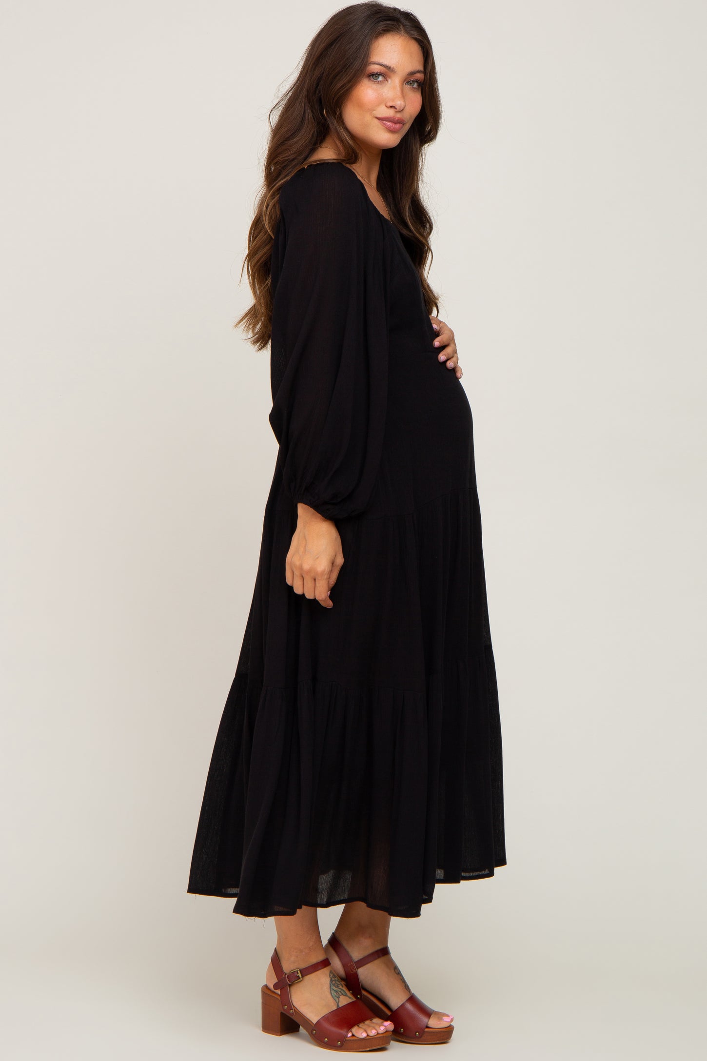 Black Tiered Maternity Midi Dress– PinkBlush