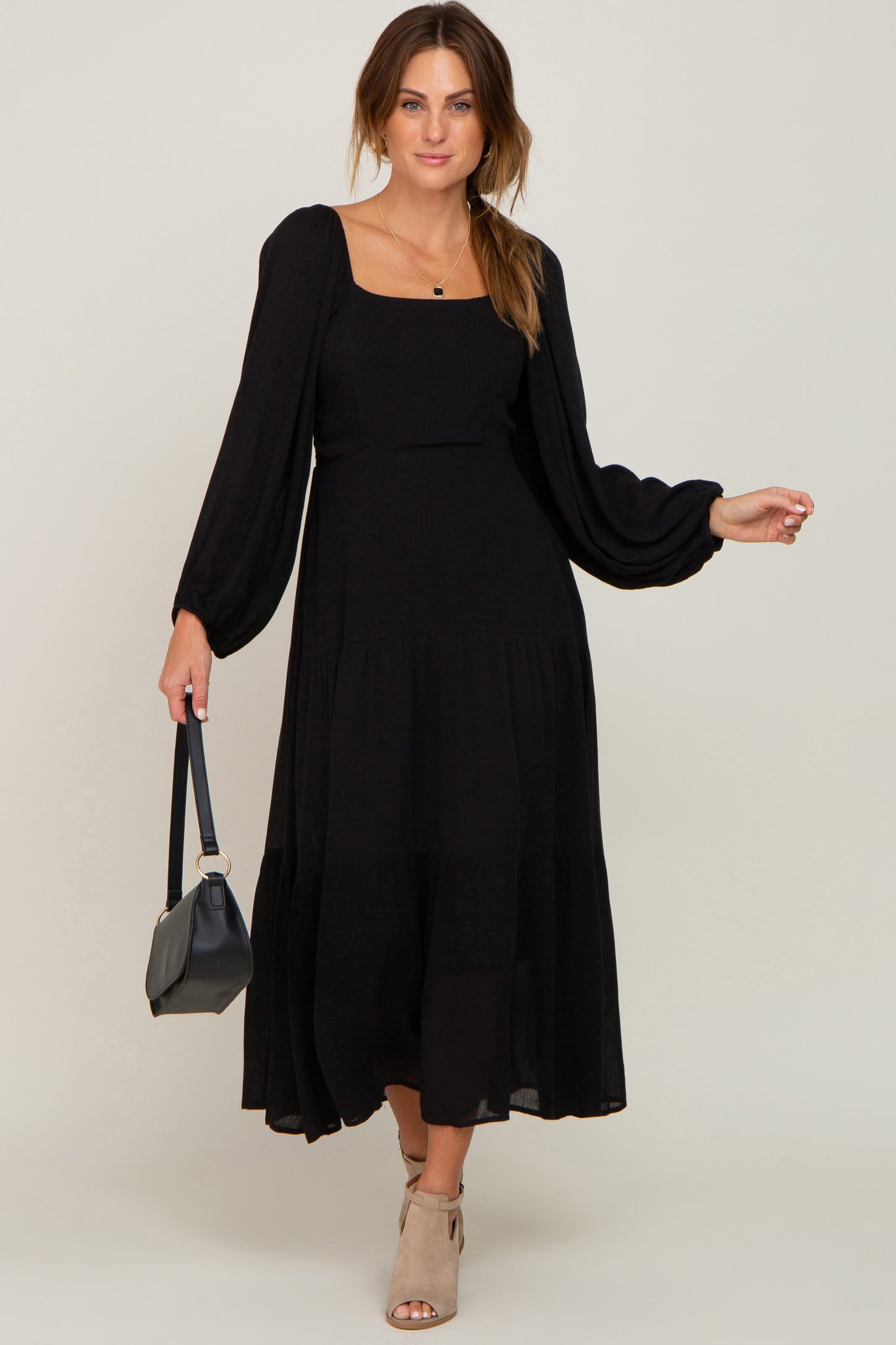 Black Tiered Maternity Midi Dress– PinkBlush