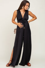 Black Satin Side Slit Maternity Jumpsuit