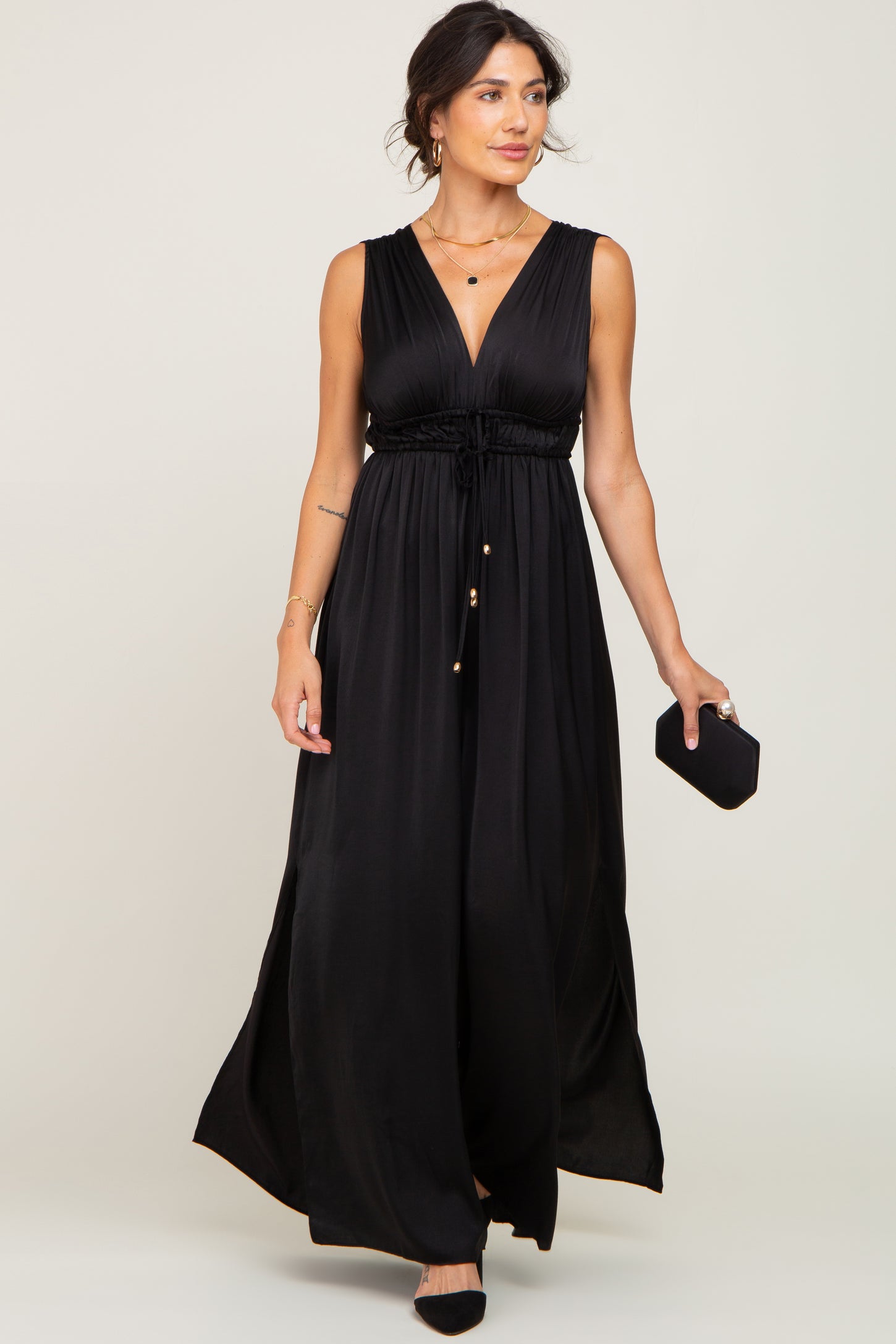 Black Satin Side Slit Jumpsuit – PinkBlush