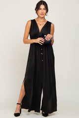 Black Satin Side Slit Jumpsuit