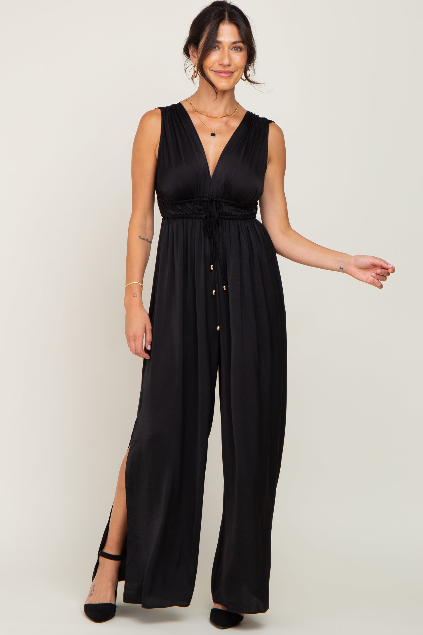 Black Satin Side Slit Jumpsuit – PinkBlush