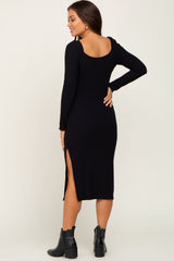 Black Ribbed Long Puff Sleeve Maternity Midi Dress