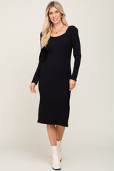 Black Ribbed Long Puff Sleeve Midi Dress