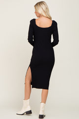 Black Ribbed Long Puff Sleeve Midi Dress