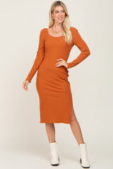 Camel Ribbed Long Puff Sleeve Maternity Midi Dress