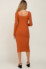 Camel Ribbed Long Puff Sleeve Maternity Midi Dress