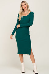 Emerald Ribbed Long Puff Sleeve Maternity Midi Dress