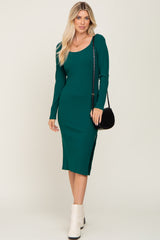 Emerald Ribbed Long Puff Sleeve Midi Dress