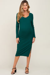 Emerald Ribbed Long Puff Sleeve Maternity Midi Dress