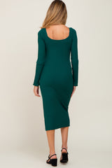 Emerald Ribbed Long Puff Sleeve Maternity Midi Dress