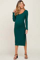 Emerald Ribbed Long Puff Sleeve Maternity Midi Dress