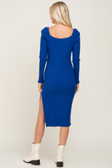 Royal Ribbed Long Puff Sleeve Midi Dress