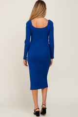 Royal Ribbed Long Puff Sleeve Maternity Midi Dress