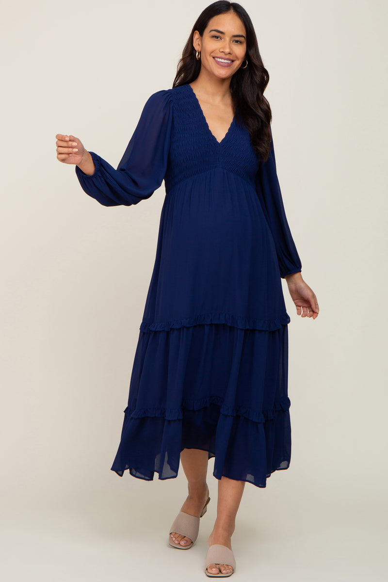 Navy Blue Smocked Tiered Maternity Dress – PinkBlush