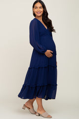 Navy Blue Smocked Tiered Maternity Dress