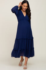 Navy Blue Smocked Tiered Maternity Dress