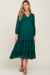 Forest Green Smocked Tiered Maternity Dress