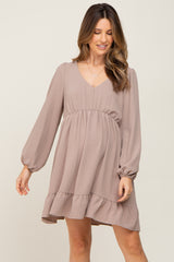 Taupe Long Sleeve Gathered Tier Maternity Dress