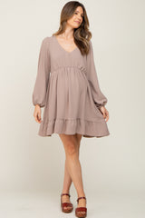 Taupe Long Sleeve Gathered Tier Maternity Dress