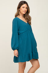 Teal Long Sleeve Gathered Tier Maternity Dress